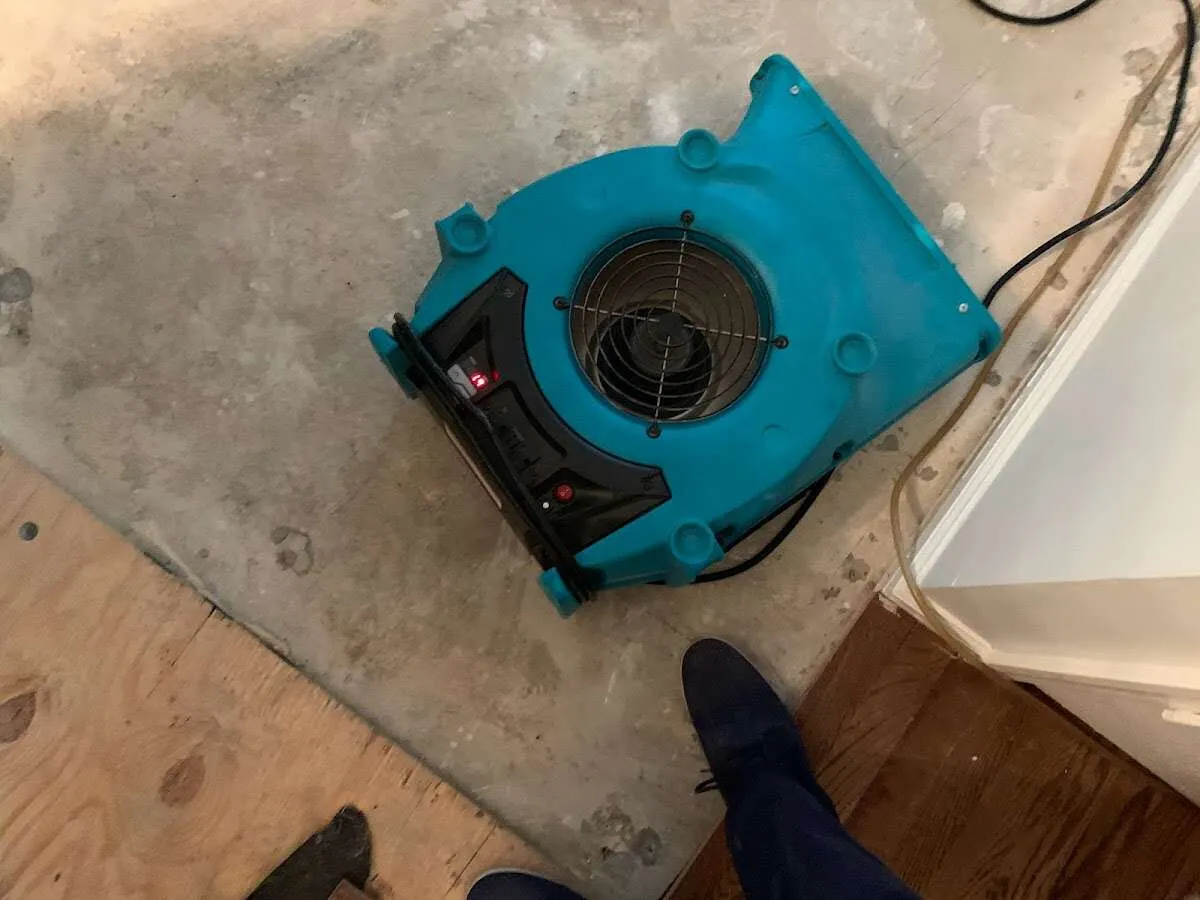 Air mover drying subfloor during Leak Detection & Repair in Franklin Park